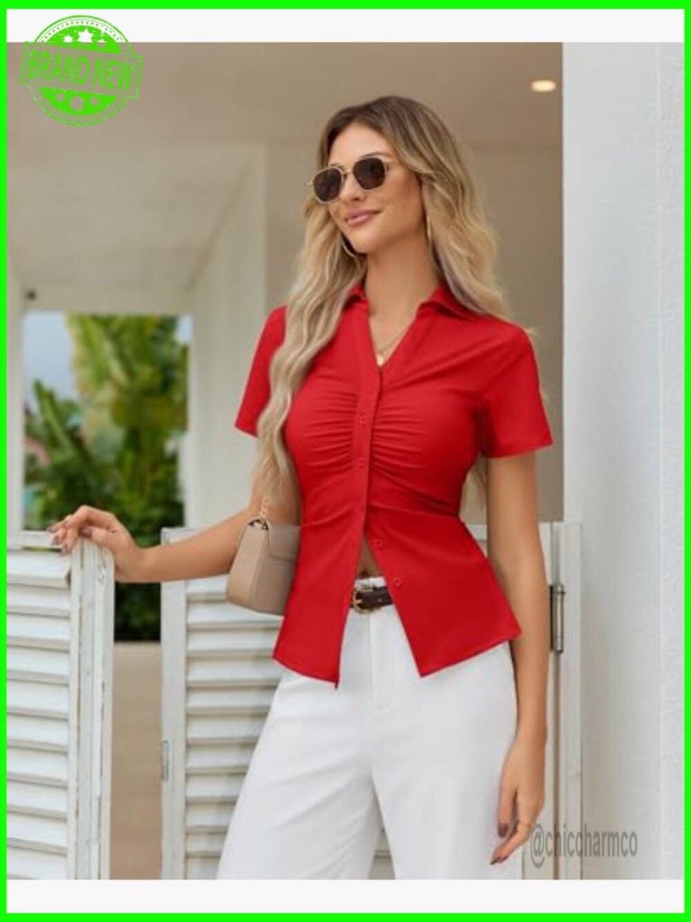 Short Sleeve Button Down Ruched Top Y2K Fitted Blouse - Picture 3 of 7